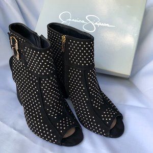Jessica Simpson Mateo Black Gold Peep Toe Booties